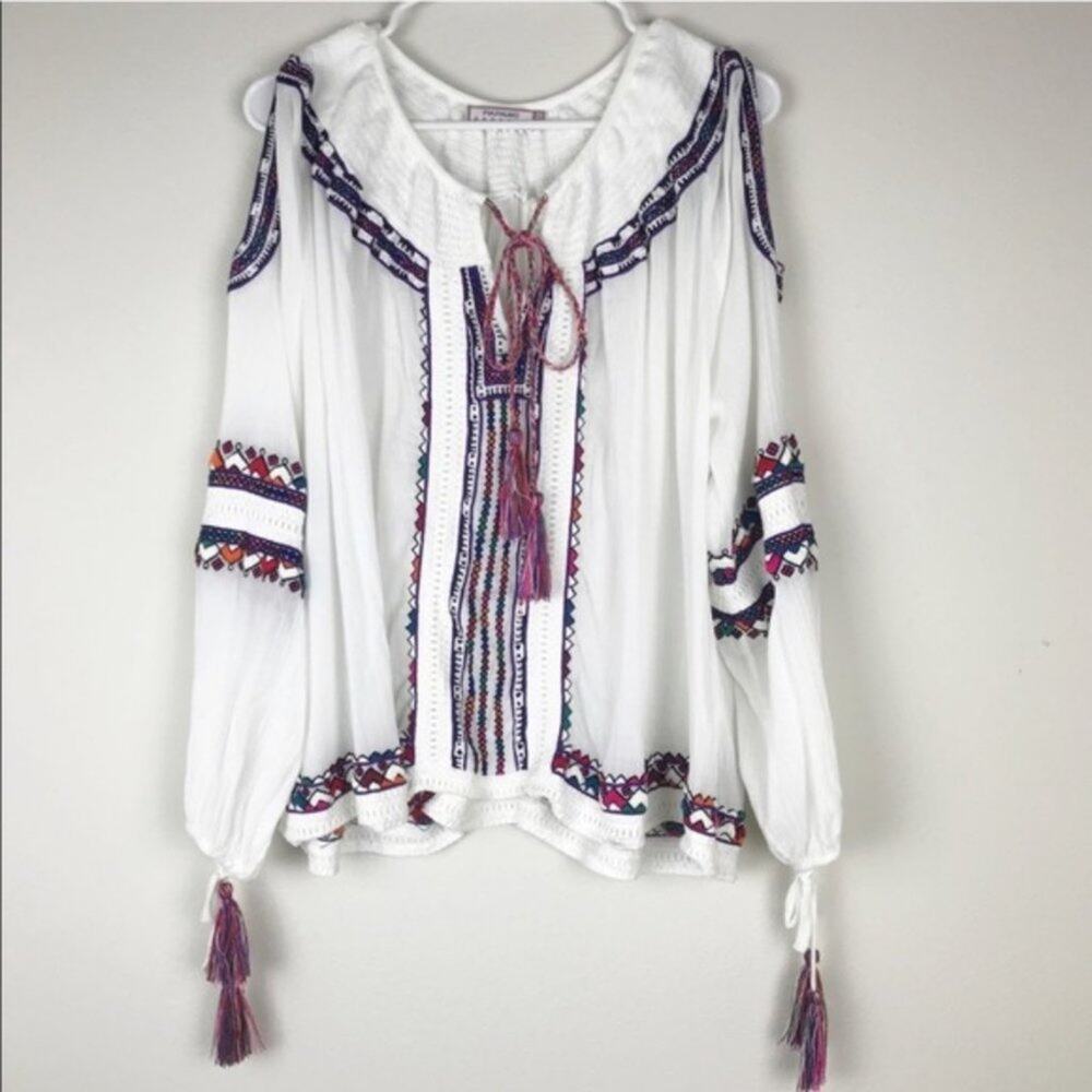 Pia Pauro Smocked Embroidered Open Shoulder Top